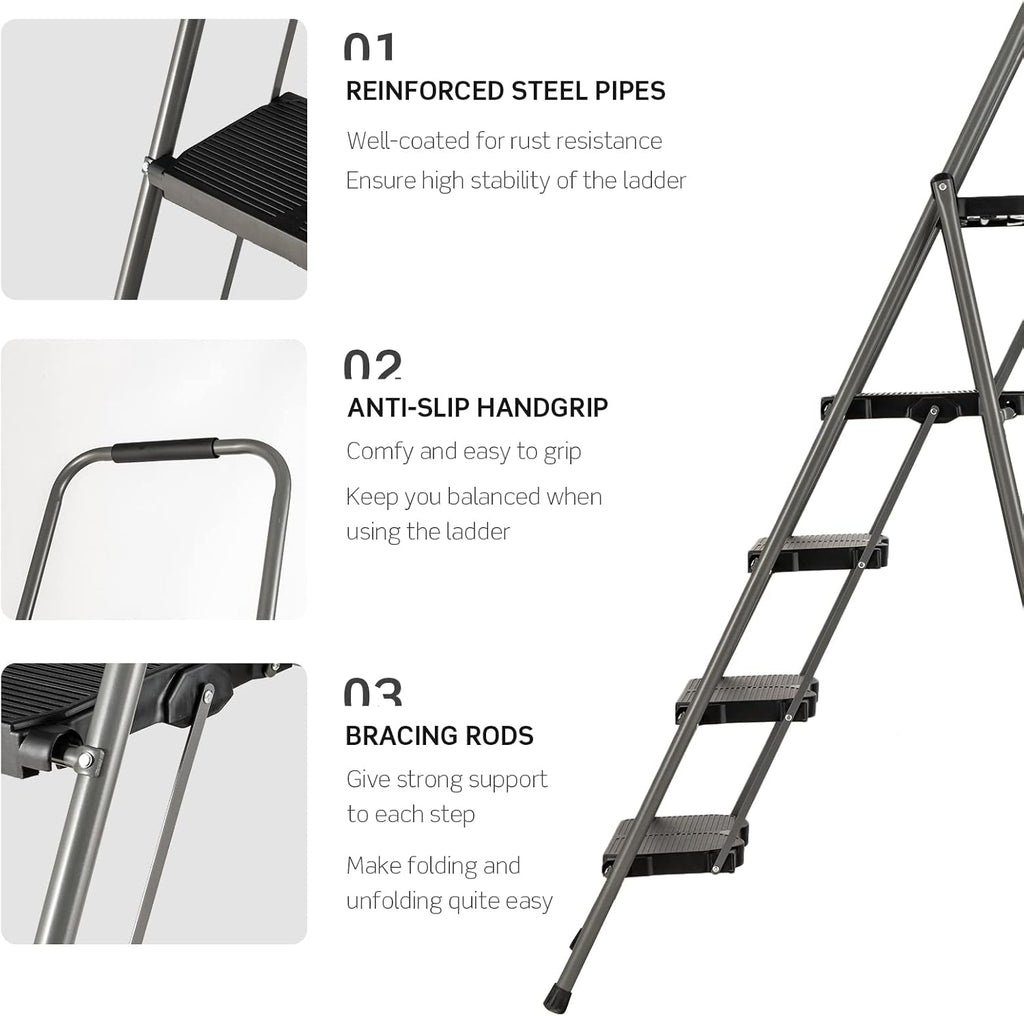 4 Step Folding Ladder with Handrail, Black Q410306