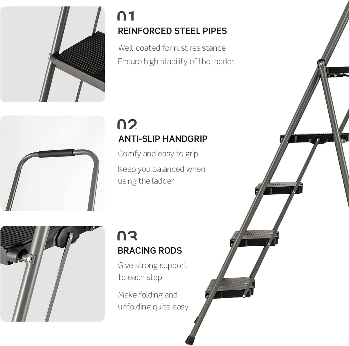 4 Step Folding Ladder with Handrail, Black Q410306