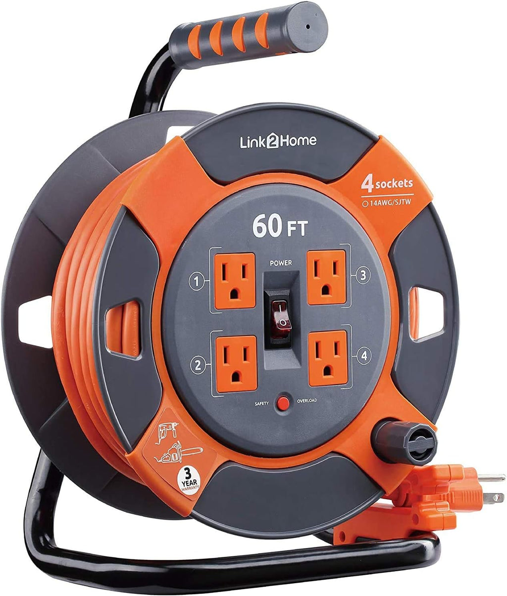 Cord Reel Extension Cord 4 Power Outlets 14 AWG SJTW 60 Feet D2642