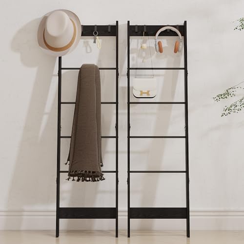 6 Tier Blanket Ladder Shelf with 4 Metal Hooks, Rustic Brown D515