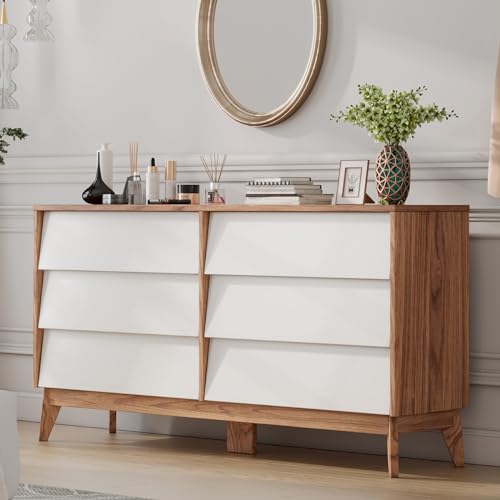 White & Yellow Walnut 6 Drawer Wood Dresser Y1502