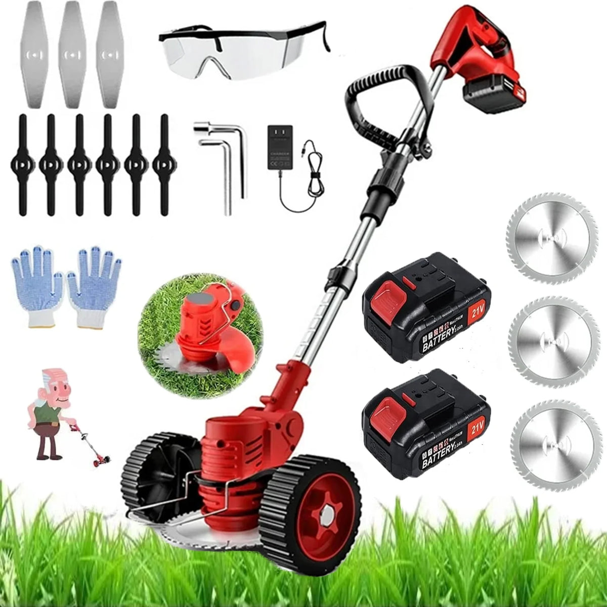 Cordless Electric Grass Trimmer with 3 Types Blades 2 Batteries R341