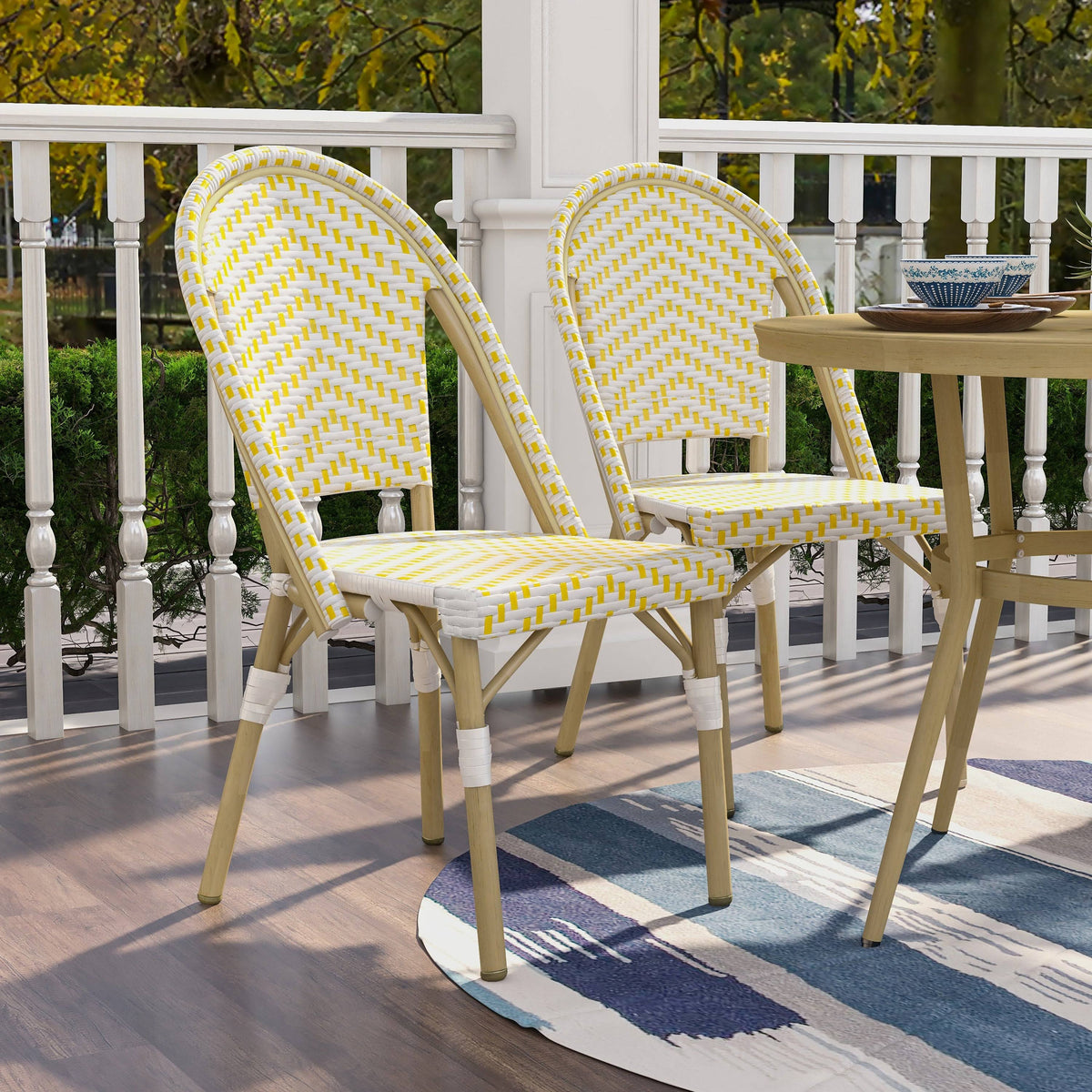 Natural Tone Patio Bistro Chairs (Set of 2) - Blue & White X385