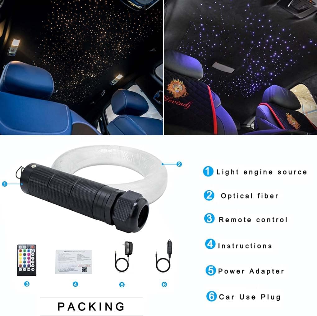 Car Use Bluetooth 6W RGB LED Fiber Optic Star Ceiling Light Kit APP Remote Controller 150pcs 0.03in 6.5ft Optic Cable Music Mode Sensory Lighting M73983