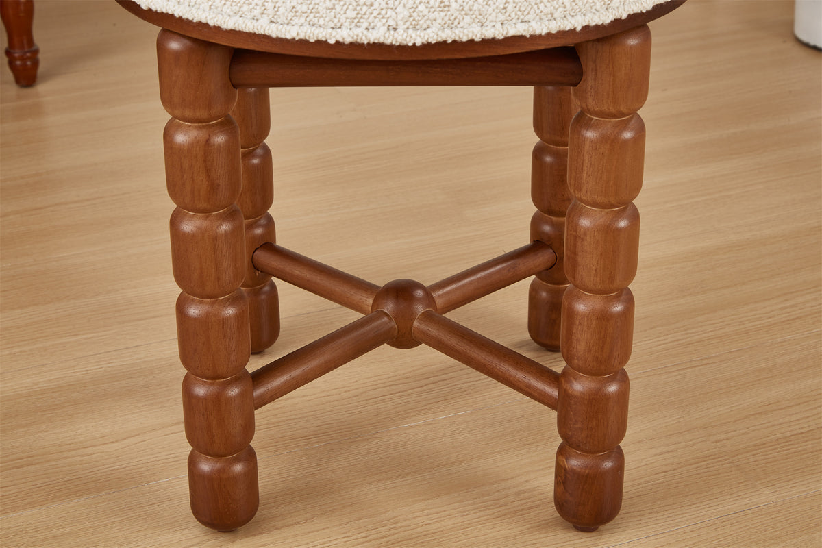 White Upholstered Boucle Vanity Stool with Wood Legs G336