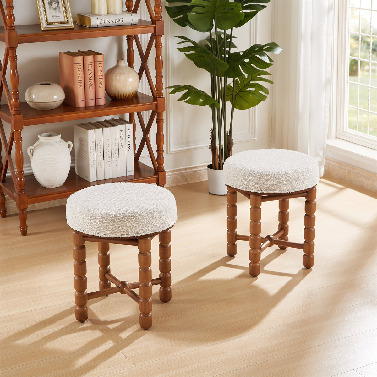 White Upholstered Boucle Vanity Stool with Wood Legs G336