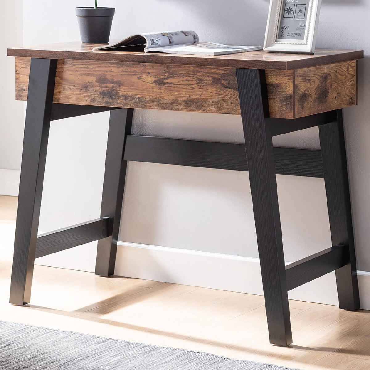 Lift-Top Desk in Distressed Wood and Black J2368