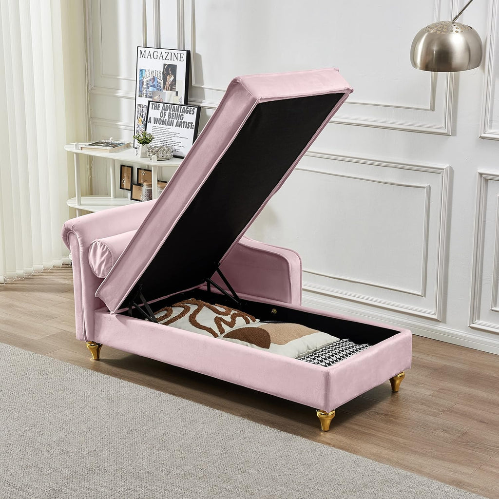 Pink Velvet Chaise Lounge Sofa Bed with Storage U646