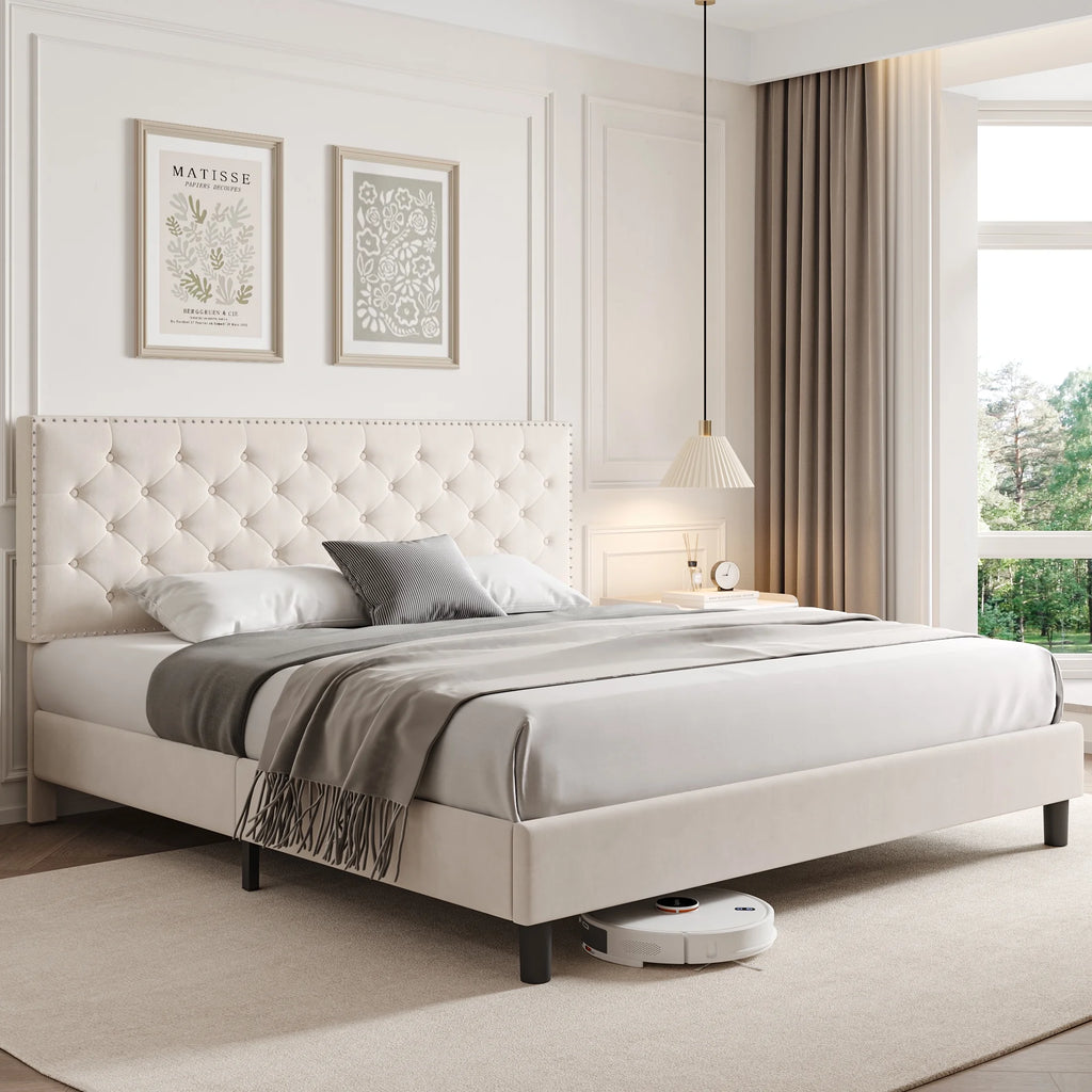 King Size Upholstered Platform Bed with Adjustable Headboard W731