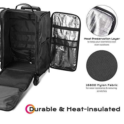 Black Rolling Makeup Train Case Soft Sided Cosmetic Storage Organizer Carry on Travel with Removable Side Pocket Bag D1423