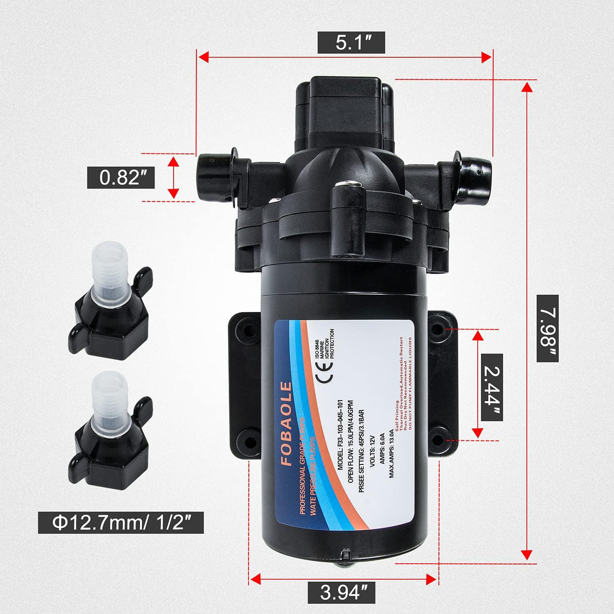 12V Fresh Water Pump with Pressure Switch 3.5 GPM 45 Psi B676