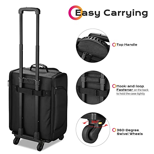 Black Rolling Makeup Train Case Soft Sided Cosmetic Storage Organizer Carry on Travel with Removable Side Pocket Bag D1423