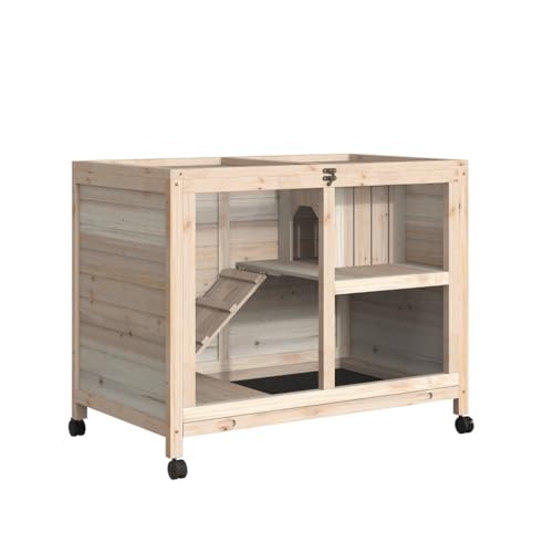 Blue & White Wooden Rabbit Hutch with Tray and Wheels U1678