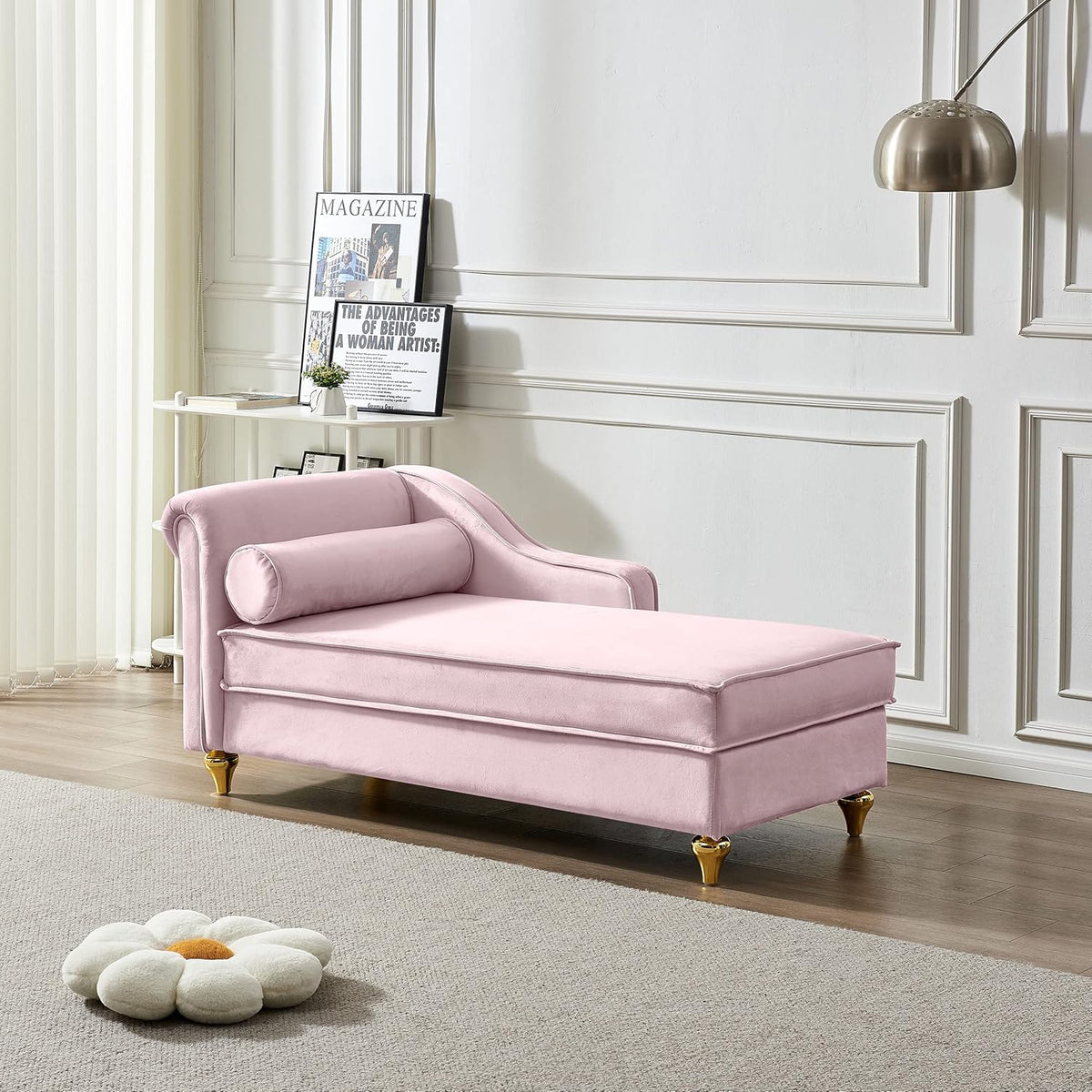Pink Velvet Chaise Lounge Sofa Bed with Storage U646