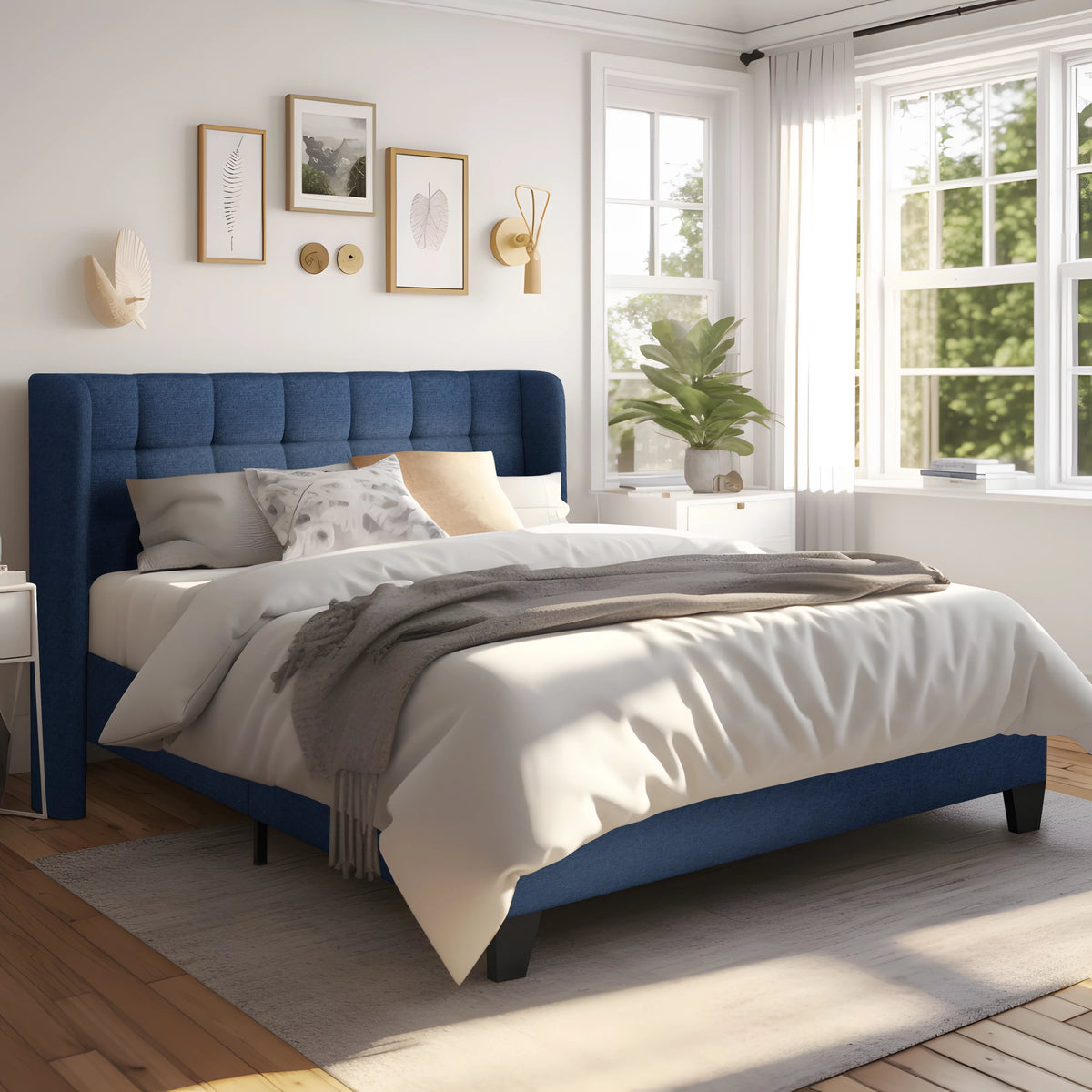 Queen Size Wingback Fabric Upholstered Platform Bed Frame G360152
