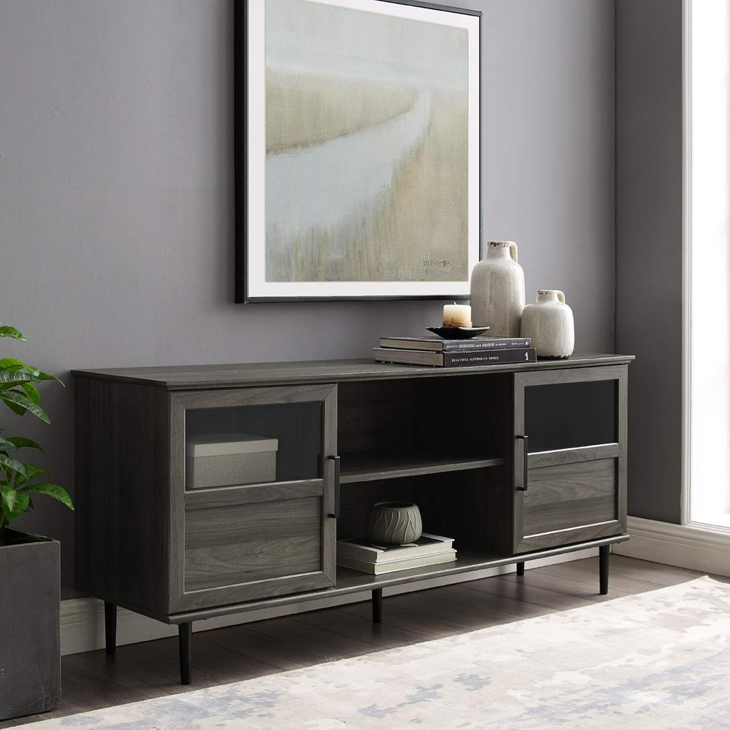 Slate Grey 58 Inch Wood and Glass TV Stand with 2 Cabinet Doors Y162