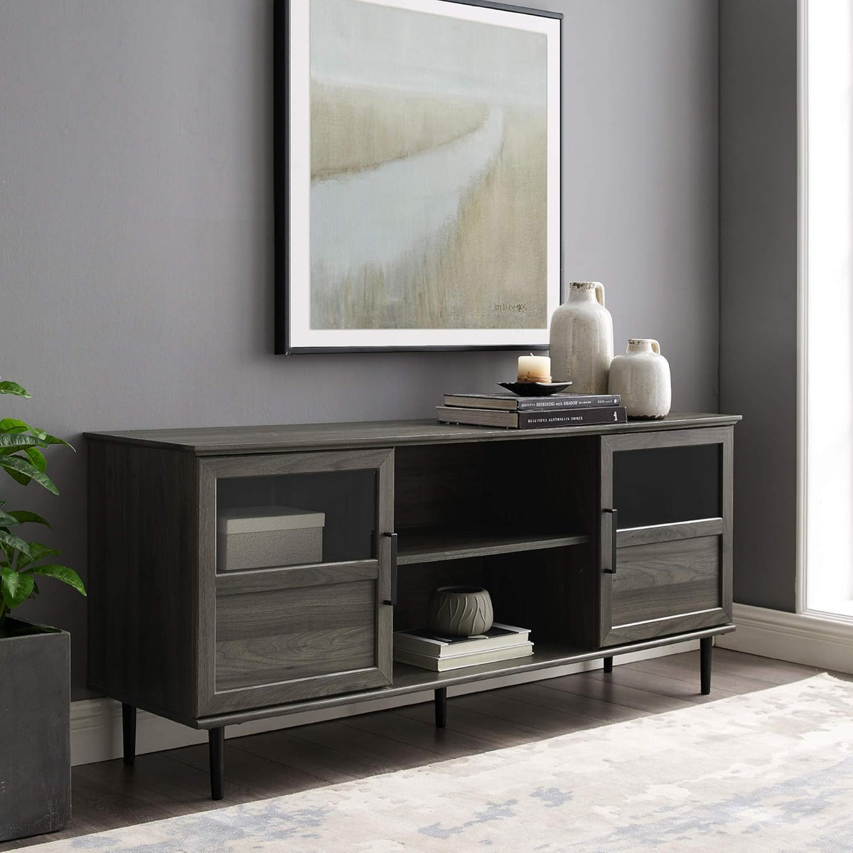 Slate Grey 58 Inch Wood and Glass TV Stand with 2 Cabinet Doors Y162
