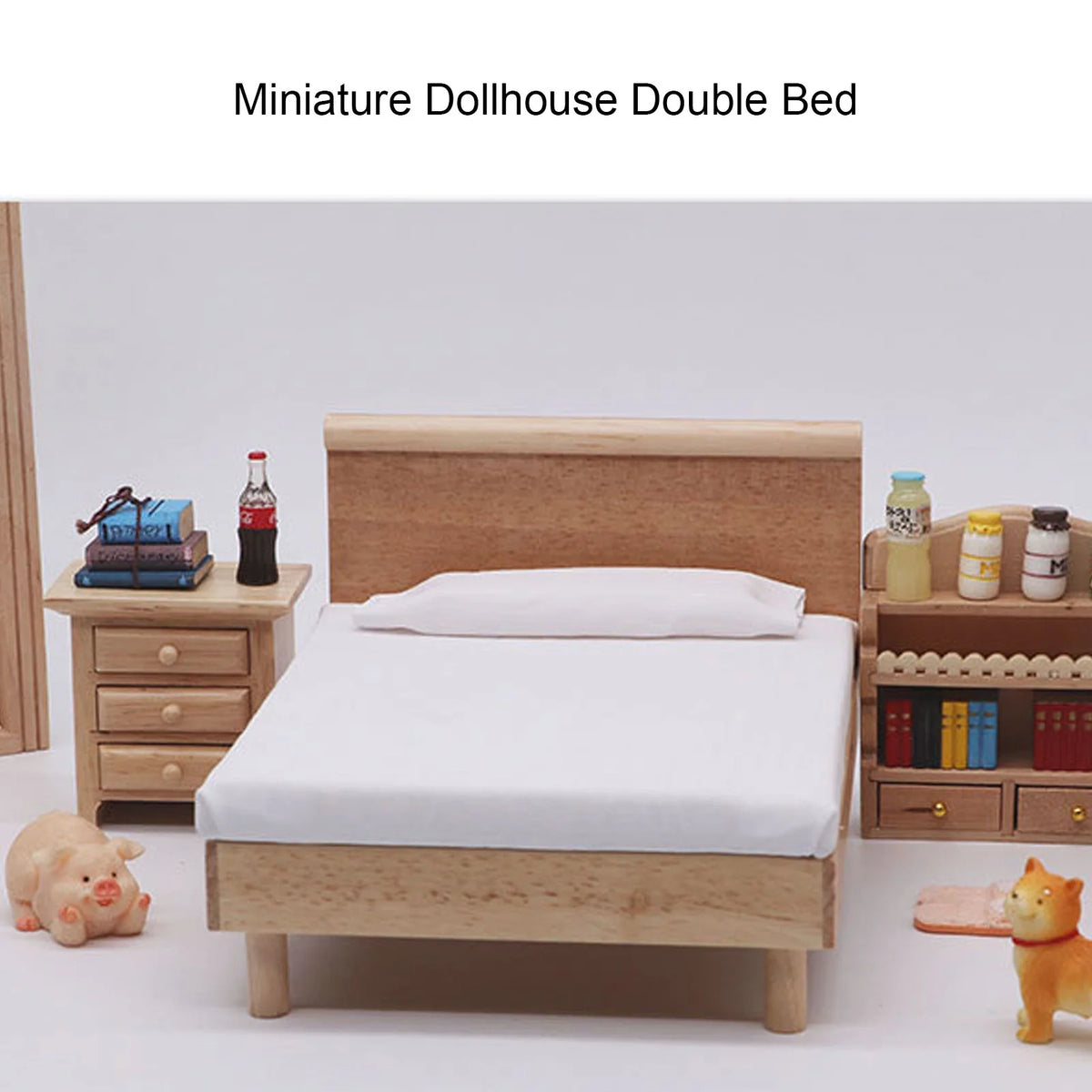 Wooden Double Bed for Dollhouse Decoration F1077