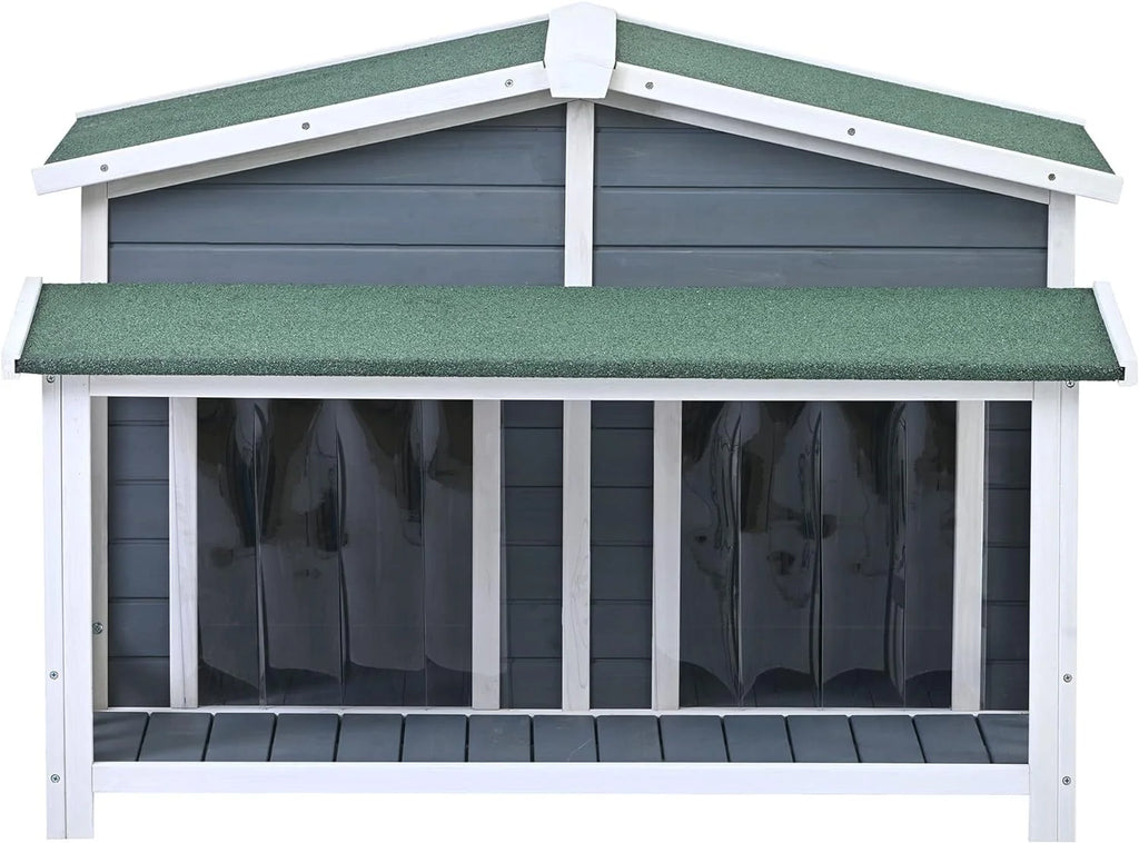Gray Green Wooden Dog House with Porch 2 Doors I34092