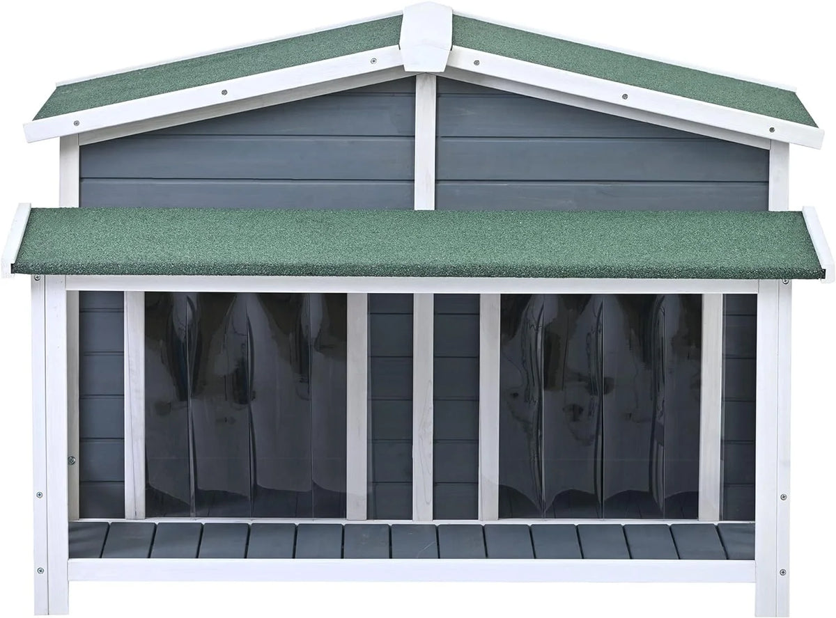 Gray Green Wooden Dog House with Porch 2 Doors I34092