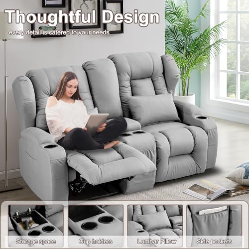Beige Manual Reclining Loveseat Sofa with Console and Cup Holders T280852
