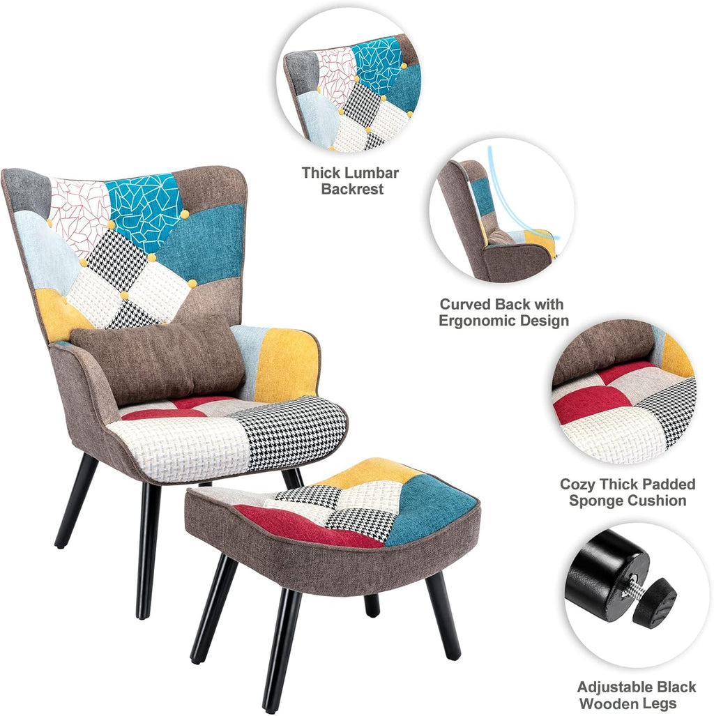 Patchwork Accent Chair with Ottoman, Wooden Legs C5663