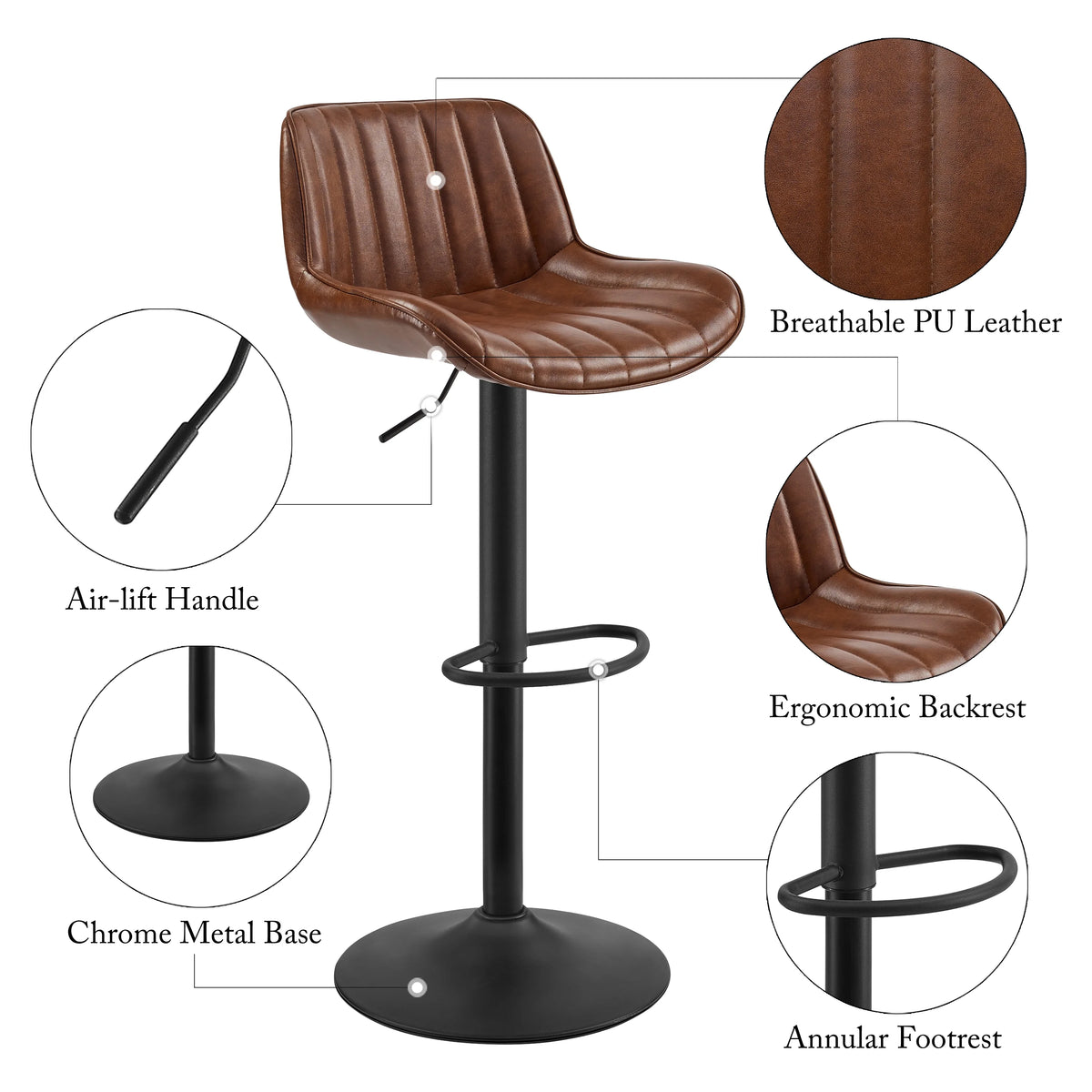 Cognac Faux Leather Swivel Bar Stools Set of 2 with Backrest V84562