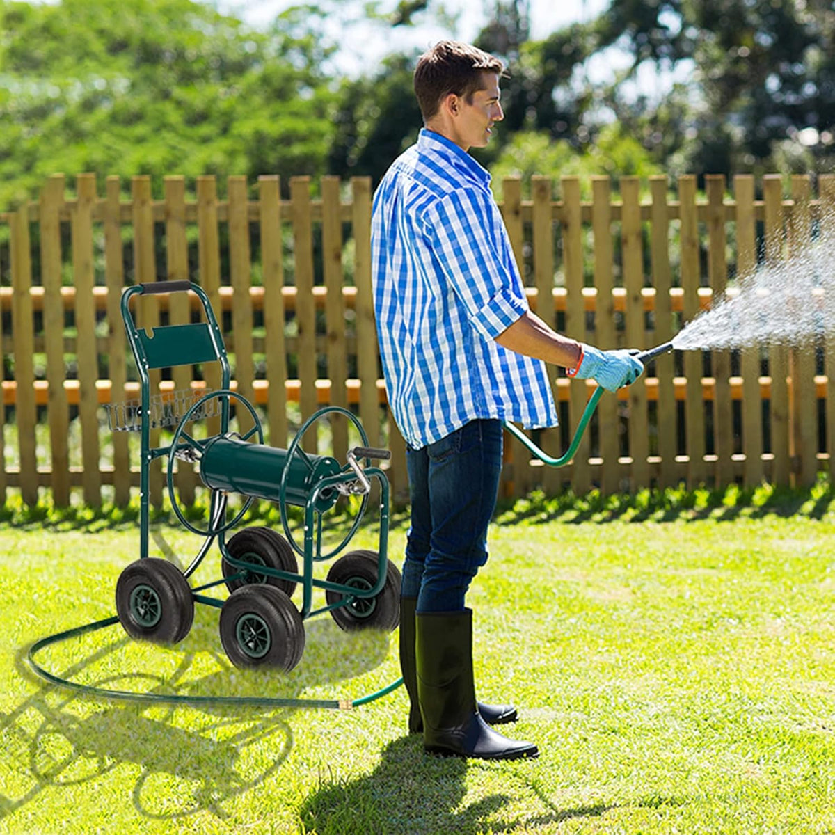 4-Wheel Garden Hose Reel Cart with Storage Basket I3812