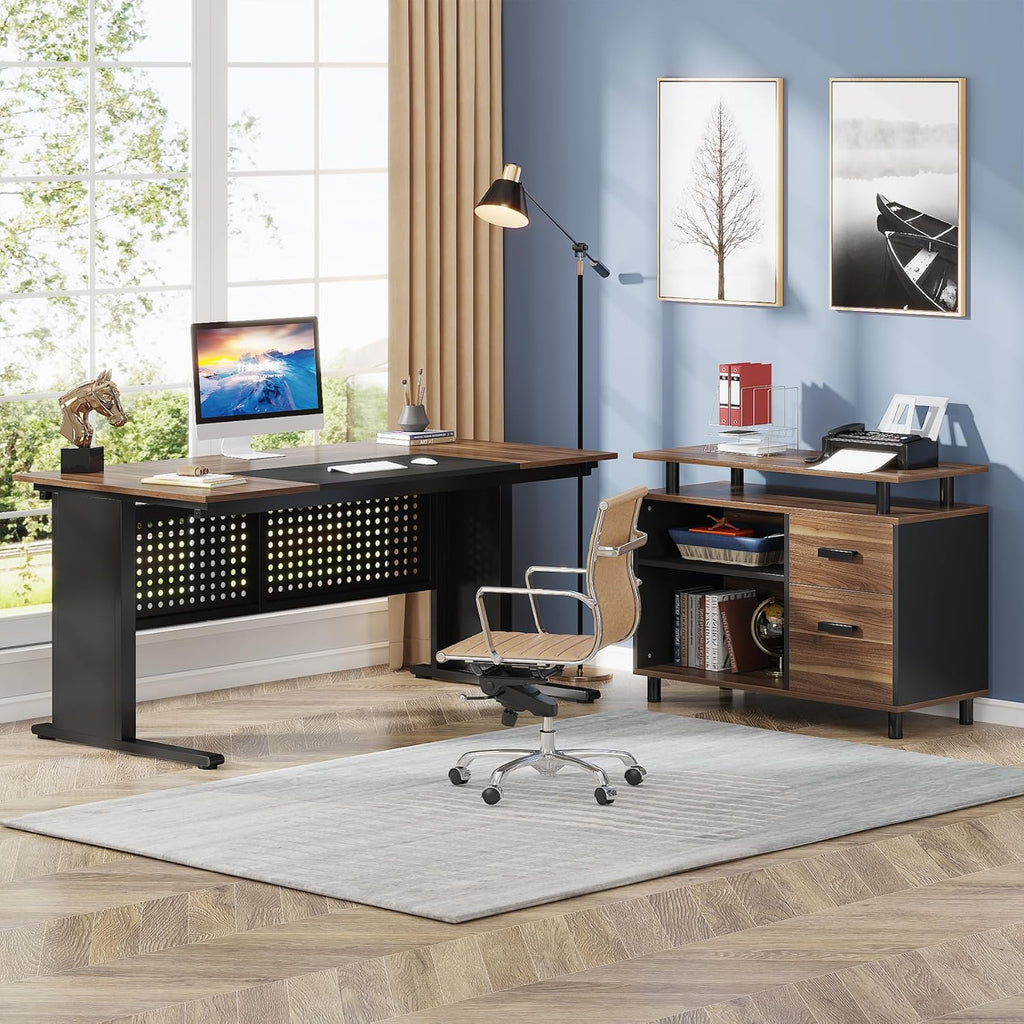 Brown and Black 63 Inch L Shaped Computer Desk with File Cabinet P831055