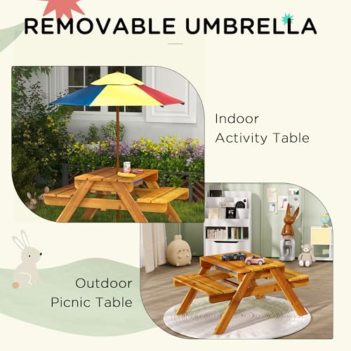 Kids Picnic Table with Foldable Umbrella, 3 in 1 Sand and Water Activity Table Y215