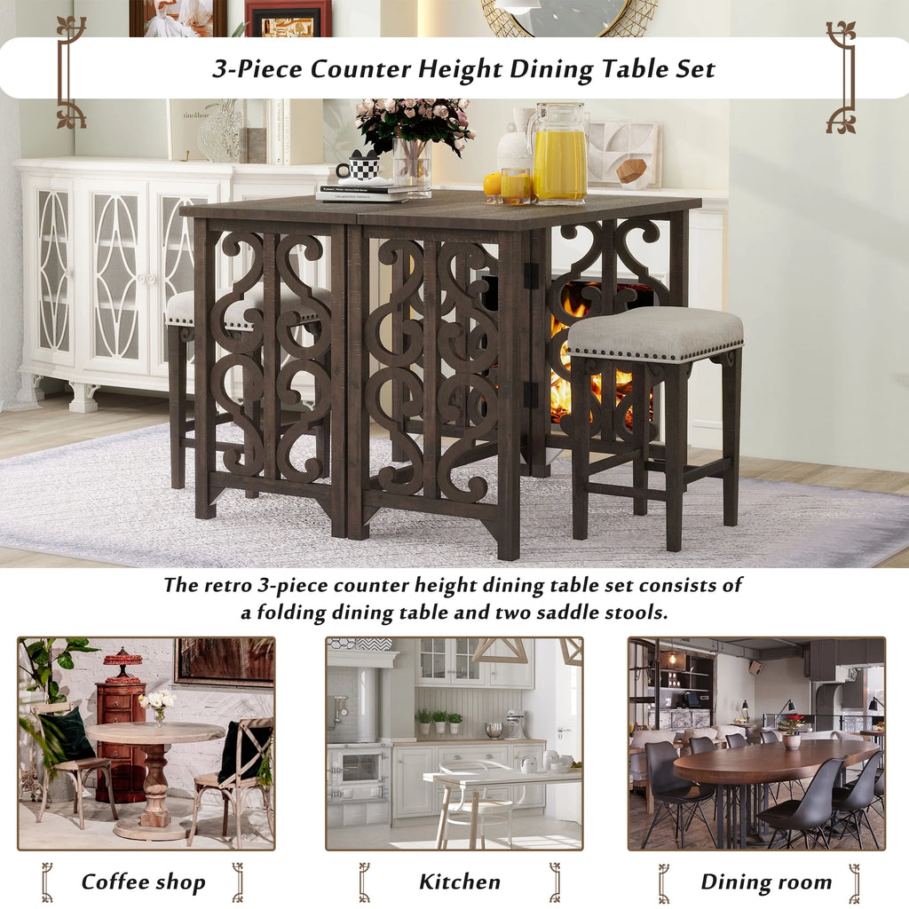 3-Piece Solid Wood Counter Height Dining Set with 2 Saddle Stools V24506