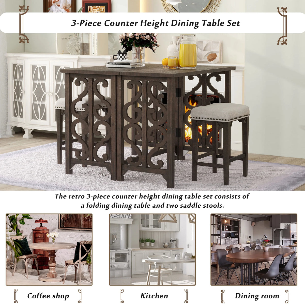 3-Piece Solid Wood Counter Height Dining Set with 2 Saddle Stools V24506