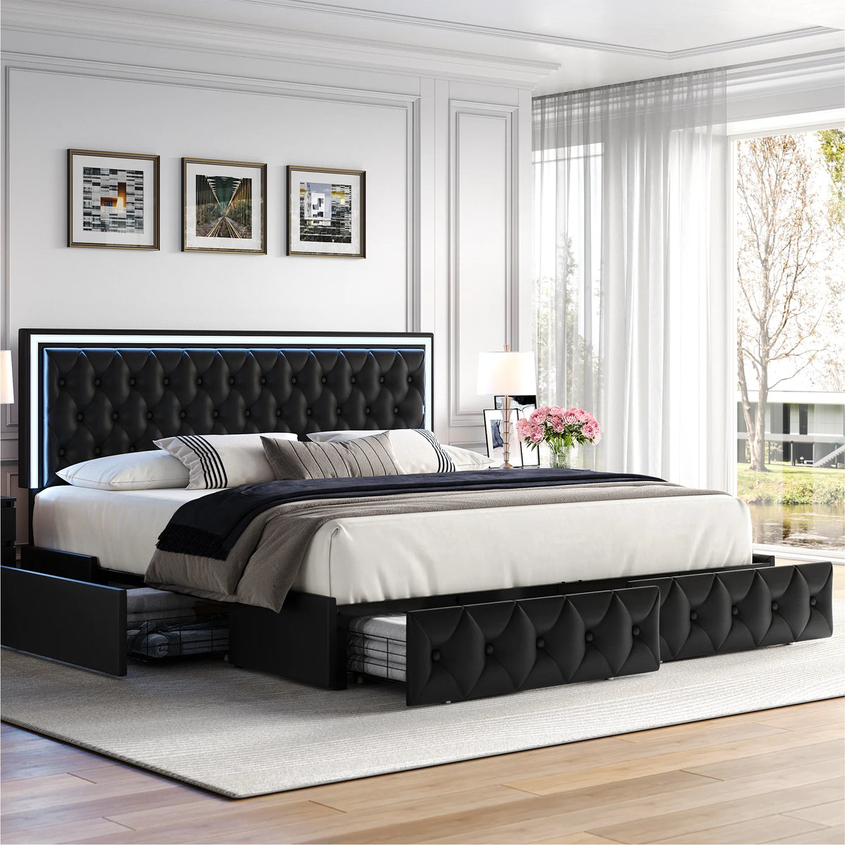 Queen LED Platform Bed Frame with 4 Storage Drawers V5747
