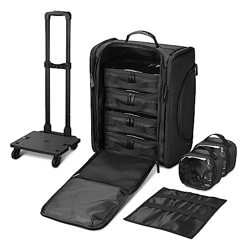 Black Rolling Makeup Train Case Soft Sided Cosmetic Storage Organizer Carry on Travel with Removable Side Pocket Bag D1423