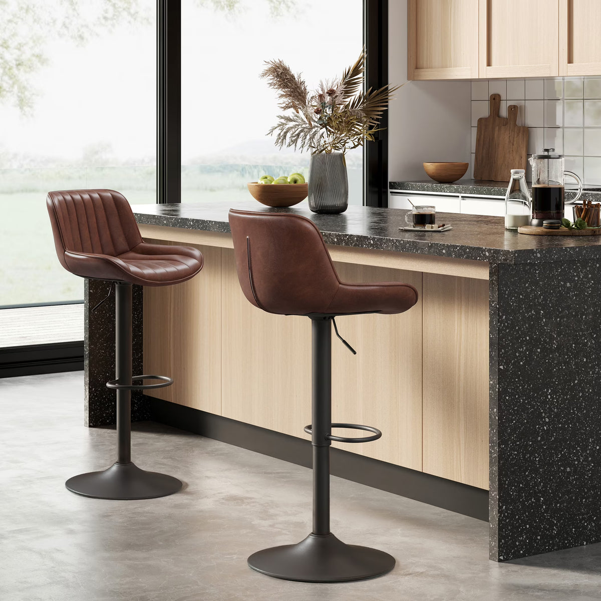 Cognac Faux Leather Swivel Bar Stools Set of 2 with Backrest V84562