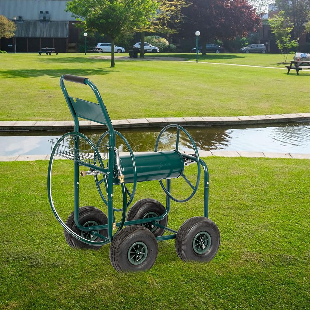 4-Wheel Garden Hose Reel Cart with Storage Basket I3812