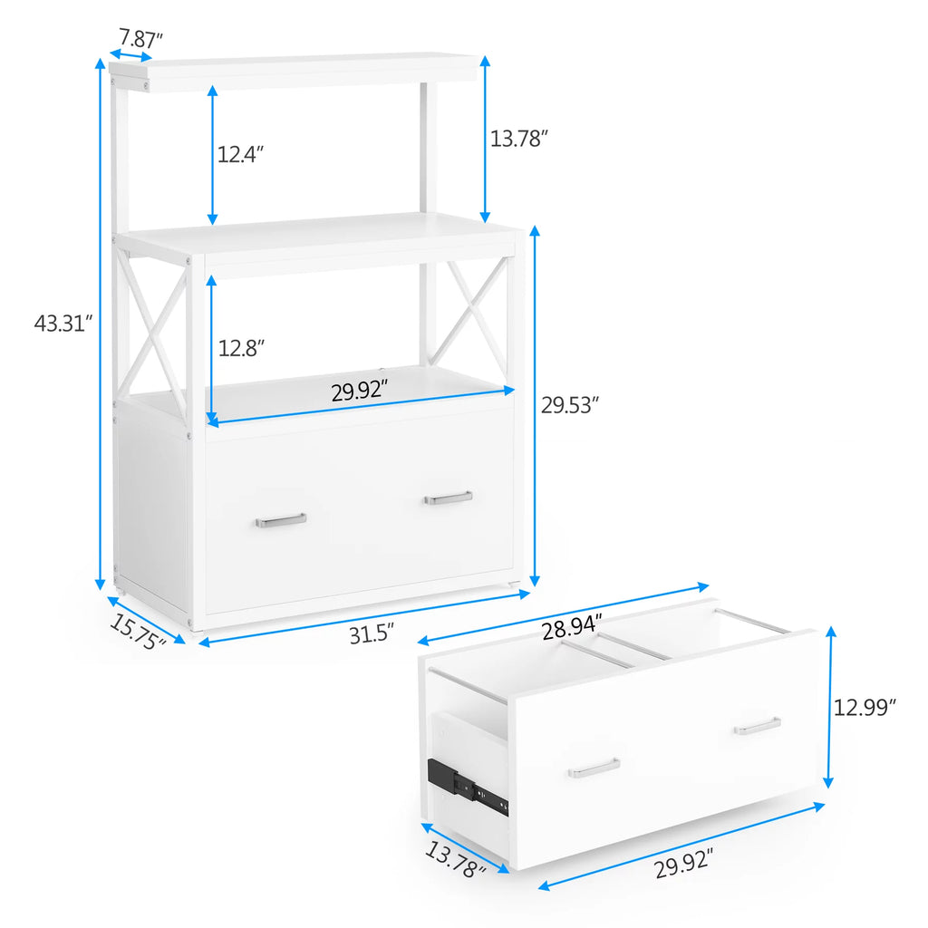 White Modern File Cabinet with Drawer and 2 Shelves B39927