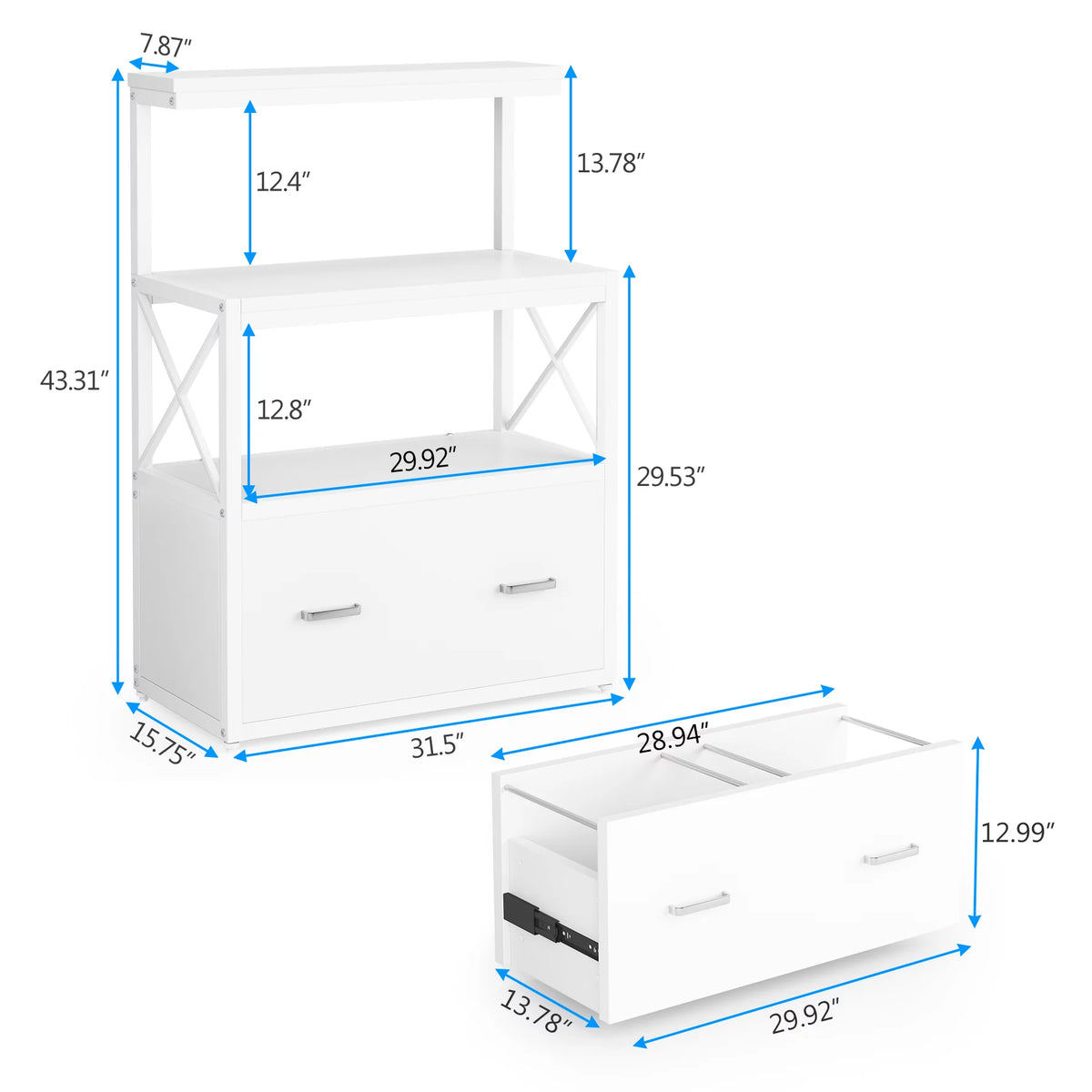 White Modern File Cabinet with Drawer and 2 Shelves B39927