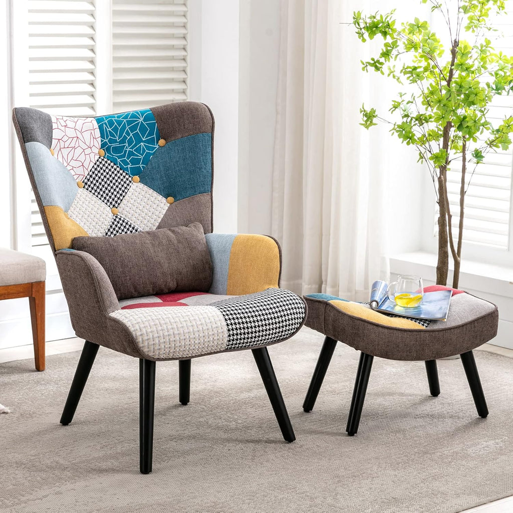 Patchwork Accent Chair with Ottoman, Wooden Legs C5663