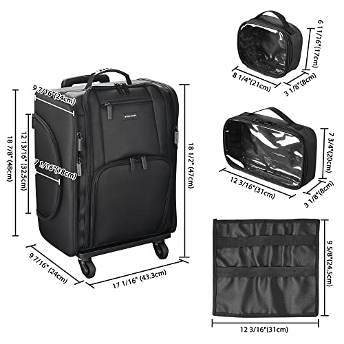 Black Rolling Makeup Train Case Soft Sided Cosmetic Storage Organizer Carry on Travel with Removable Side Pocket Bag D1423