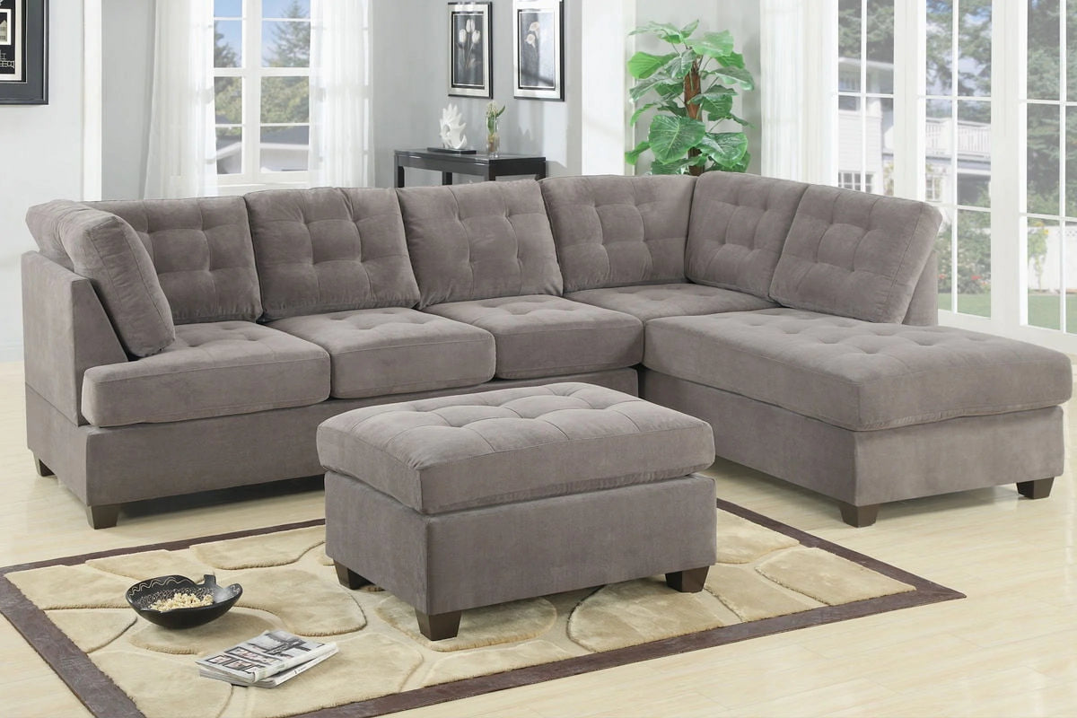 Charcoal Waffle Suede Sectional Sofa with Pillows D47003