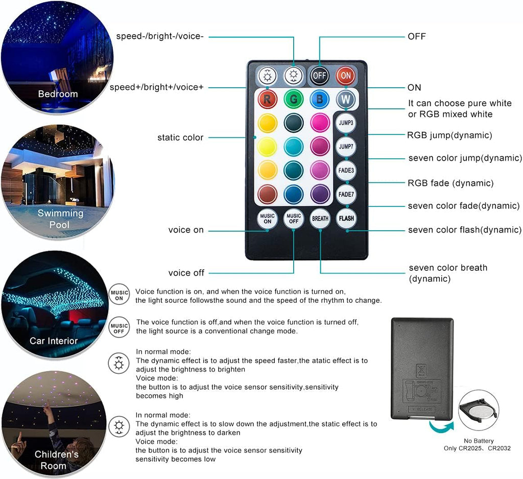 Car Use Bluetooth 6W RGB LED Fiber Optic Star Ceiling Light Kit APP Remote Controller 150pcs 0.03in 6.5ft Optic Cable Music Mode Sensory Lighting M73983