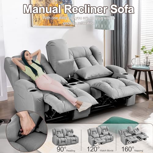 Beige Manual Reclining Loveseat Sofa with Console and Cup Holders T280852