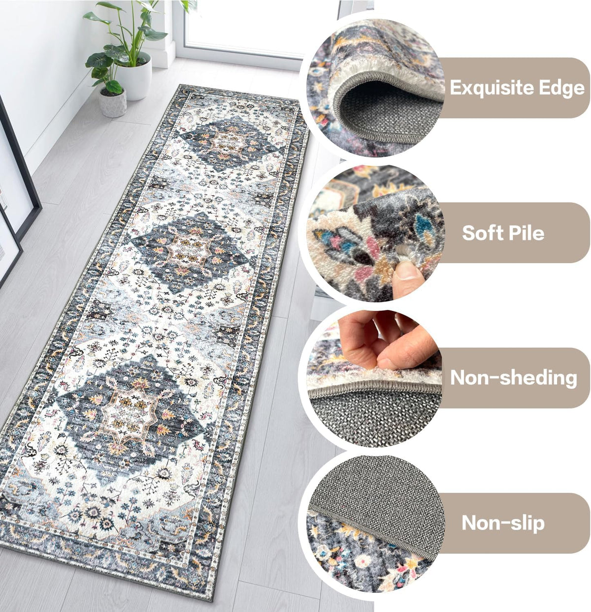 Washable Runner Rug with Rubber Backing Q8096
