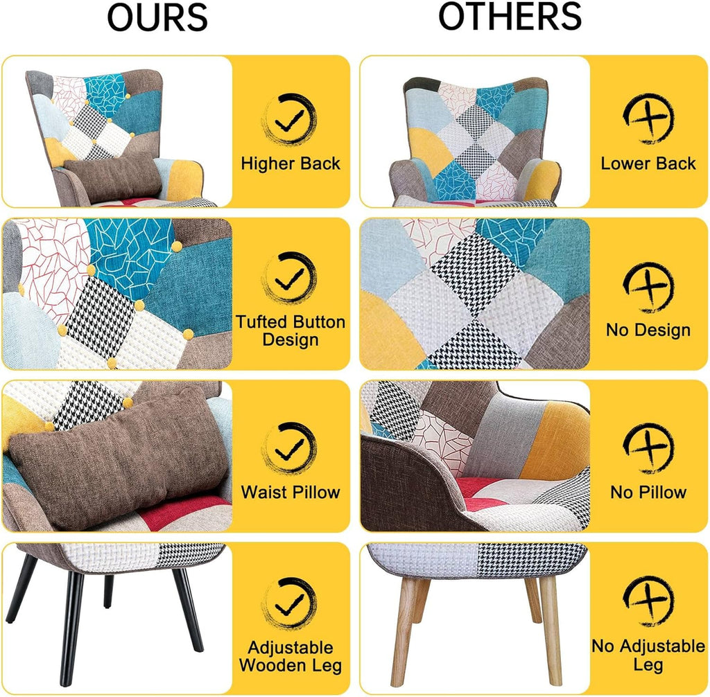 Patchwork Accent Chair with Ottoman, Wooden Legs C5663