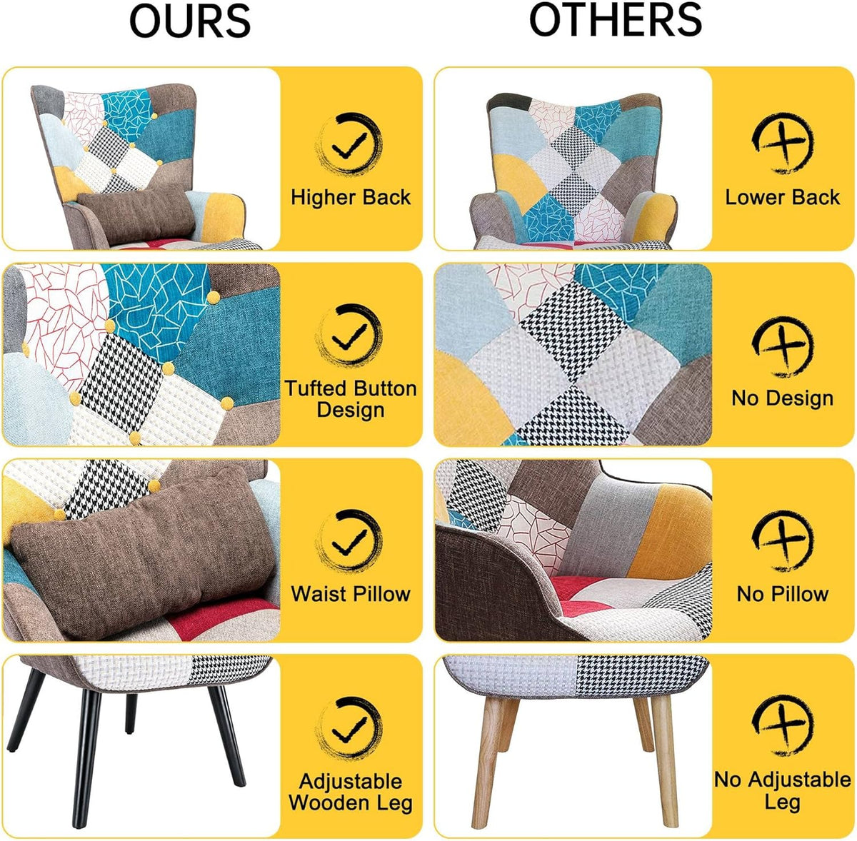 Patchwork Accent Chair with Ottoman, Wooden Legs C5663