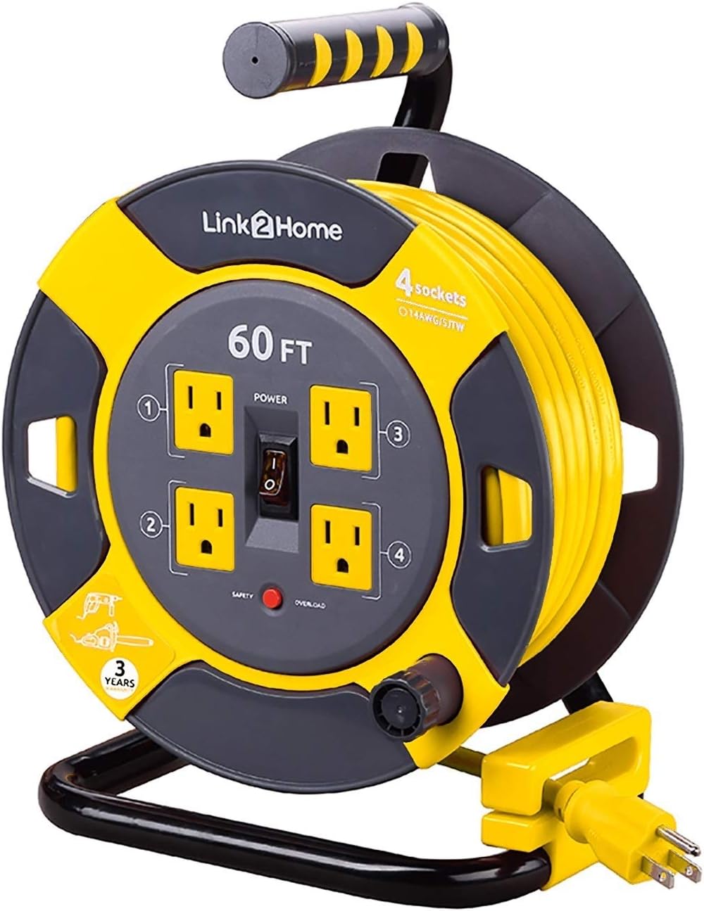 Cord Reel Extension Cord 4 Power Outlets 14 AWG SJTW 60 Feet D2642