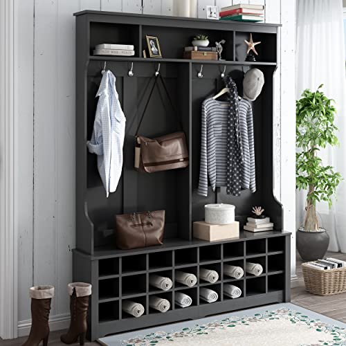 White Wood Hallway Organizer with 3 Shelves, 2 Drawers, Bench, Shoe Rack I23218