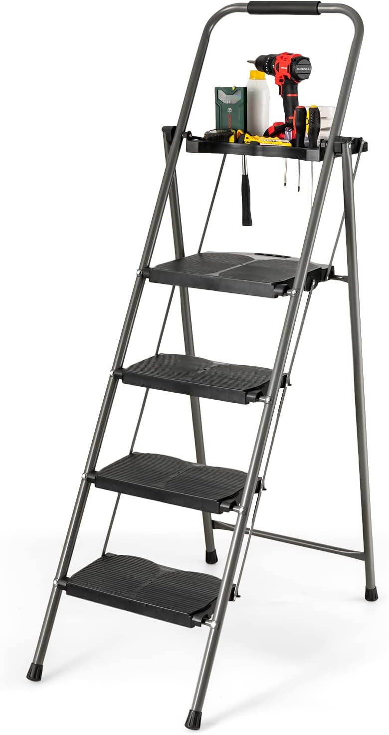 4 Step Folding Ladder with Handrail, Black Q410306