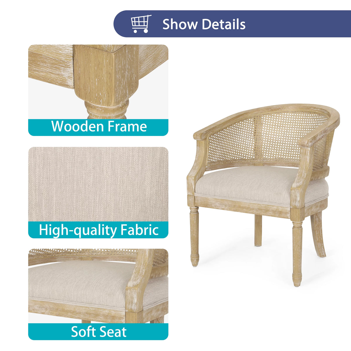 Beige Fabric Upholstered Wood and Cane Accent Chair X14737